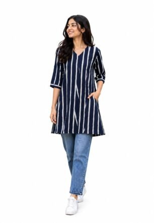 A - Line Straight Printed Knee Length- Navy Blue Stripe Kurti | Kurta for Women M-XXL-Soft and Comfortable Rayon Fabric- Summer Friendly- Casual, Office wear- Side Slit with Pocket