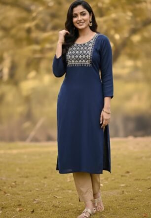 IRAMIKA Women Embroidered Kurti Set with Dupatta & Pant | Ethnic Cotton Suit for Festive (IN, Alpha, 3XL, Regular, Blue)
