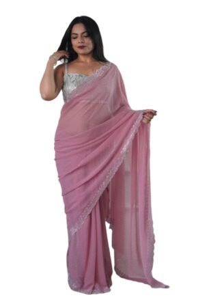 "Women’s Siroski Diamond Georgette Saree with Silver Border Work and Unstitched Georgette Blouse" (Gajari)