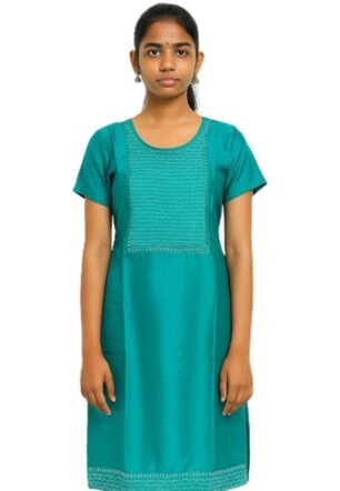 (Size:L) Women's Teal Embroidered Kurti, Short Sleeve, Round Neck, Cotton Kurta Dress