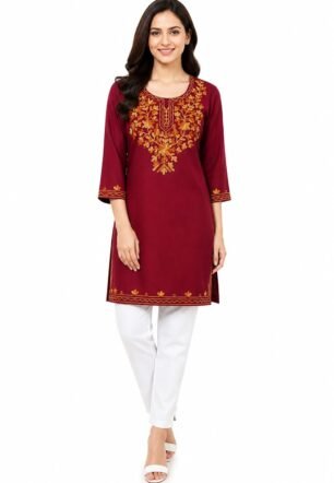 Women's Kurti, White, M, Cotton Blend, Floral Chikankari Embroidery, Mid Thigh Length, 3/4 Sleeves, V-Neck, Casual (in, Alpha, 3XL, Maroon)