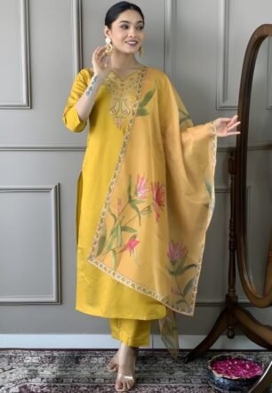 Women's Magic Cotton Kurti Pant Dupatta Set | Three-Quarter Sleeve Ethnic Kurta Pant & Dupatta Set (Size, Yellow)