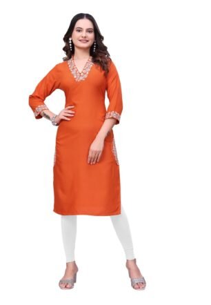 Women Beautiful Rayon Only Kurti and Embroidered V Neck Three Quarter Sleeve Straight Length Ethnic Casual Wear for Office Home Outing Daily Styling (in, Alpha, Regular, Women, Orange)
