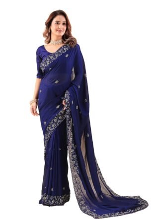 Art Silk Saree with Banglori Silk Blouse, Sea Green, Val Sequin Embroidery, 5.5 Metre, Unstitched Blouse Piece (Navy Blue)