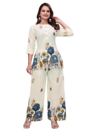 **Women’s Printed Crepe Kurta Palazzo Set | Elegant Floral Print Straight Kurta with Wide-Leg Palazzo Pants | 2-Piece Ethnic Co-Ord Set for Festive, Casual (Gray)