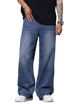 Men's Dark Blue Baggy Fit Jeans– Solid Washed Denim Straight Wide-Leg | Streetwear Casual Dailywear Pants for Men | Trendy Loose-Fit Mid-Waist Denim Trousers (Jeans 247 Dark Blue)