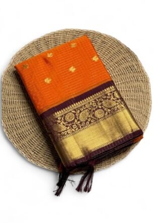 banarasi gadwal checkered soft silk saree, orange color, wedding and festival (Orange)