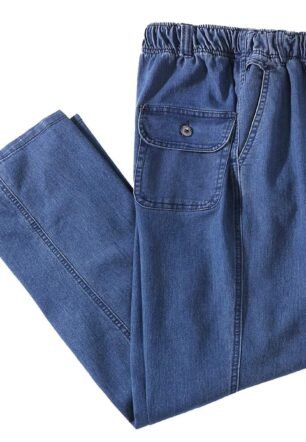 Men’s Elastic Waist Loose Fit Denim Pants Casual Solid Jeans Trouser, Light Blue/Denim, 40W x 32L
