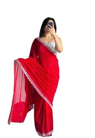"Elegance Red Siroski Georgette Saree with Silver Diamond Border and White Sequin-Embellished Blouse"