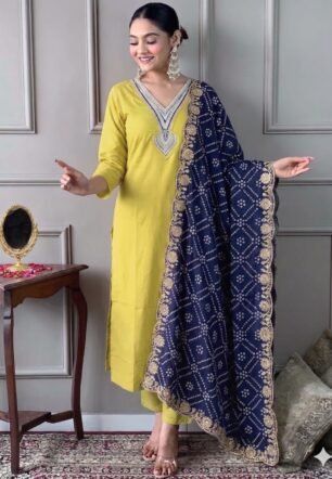 Women Rayon Embroidered Kurta Bottom Ensemble with Printed Badhani Dupatta Ethnic Set Lemon Yellow L