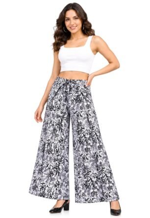 Sehnaz Dresses Women's Wide Leg Open Palazzo Pants with Floral Print and Tie Waist White