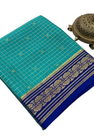 A K FASHION New Attractive Chex Duble Colour Mysore Silk Zari Designer Flower Border Saree for Women (RANI PINK) (TEAL-BLUE)