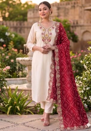 Ethnic Kurta Set with Heavy Bandhani Embroidered Dupatta Festive & Occasion Ensemble for Women Cream 1 S