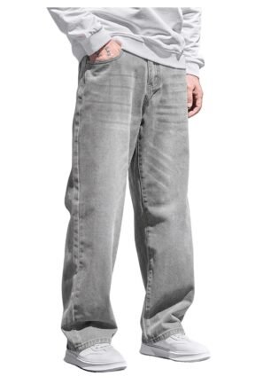 Men's High Waist Loose Jeans Baggy Straight Leg Denim Pants Trousers, Light Grey, X-Large