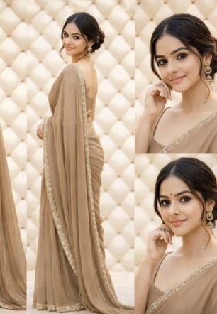BHADANI CREATION Georgette Saree for Women with Elegant Gold Sequin Lace Border and Matching Sleeveless Blouse Piece Traditional Indian Designe Bollywood Style