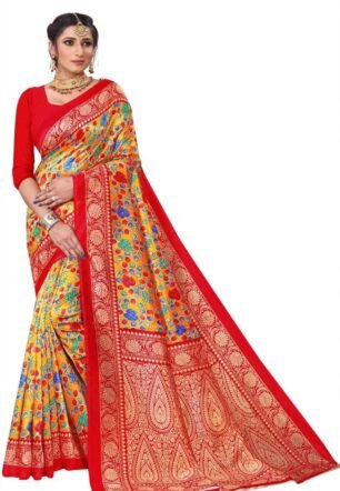 AARIKAA SYNCOT Women's Fancy Mysore Silk Lotus Printed Art Silk Saree(3155_Mysore_Red_Yellow)