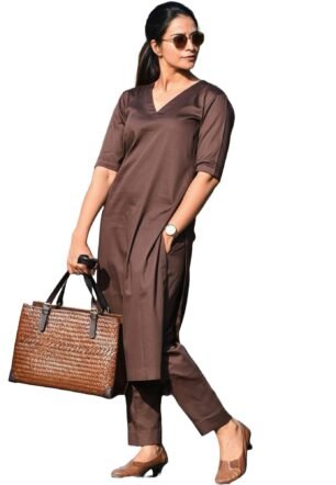 ANILINE Women's Rayon Solid plain v neck kurta Trouser/Pant set (Brown, 4XL)