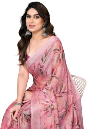 Chiffon Georgette Floral Printed Sarees for Women with Blouse Piece (40771-Peach)