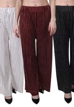 Printed Striped Western Palazzo/Trouser/Pant for Women/Girls Combo Pack of 3 (White Maroon and Black)