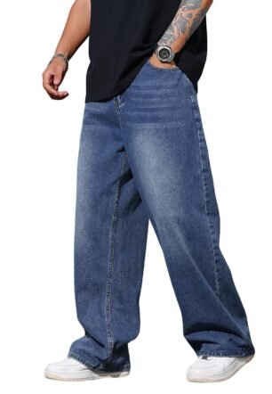 Baggy Jeans Men Wide Leg Denim Pants Y2K Classic Trousers, Blue, Large