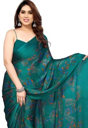 Chiffon Georgette Floral Print ed Sarees for Women with Blouse Piece (39195A - Turquoise, Orange)